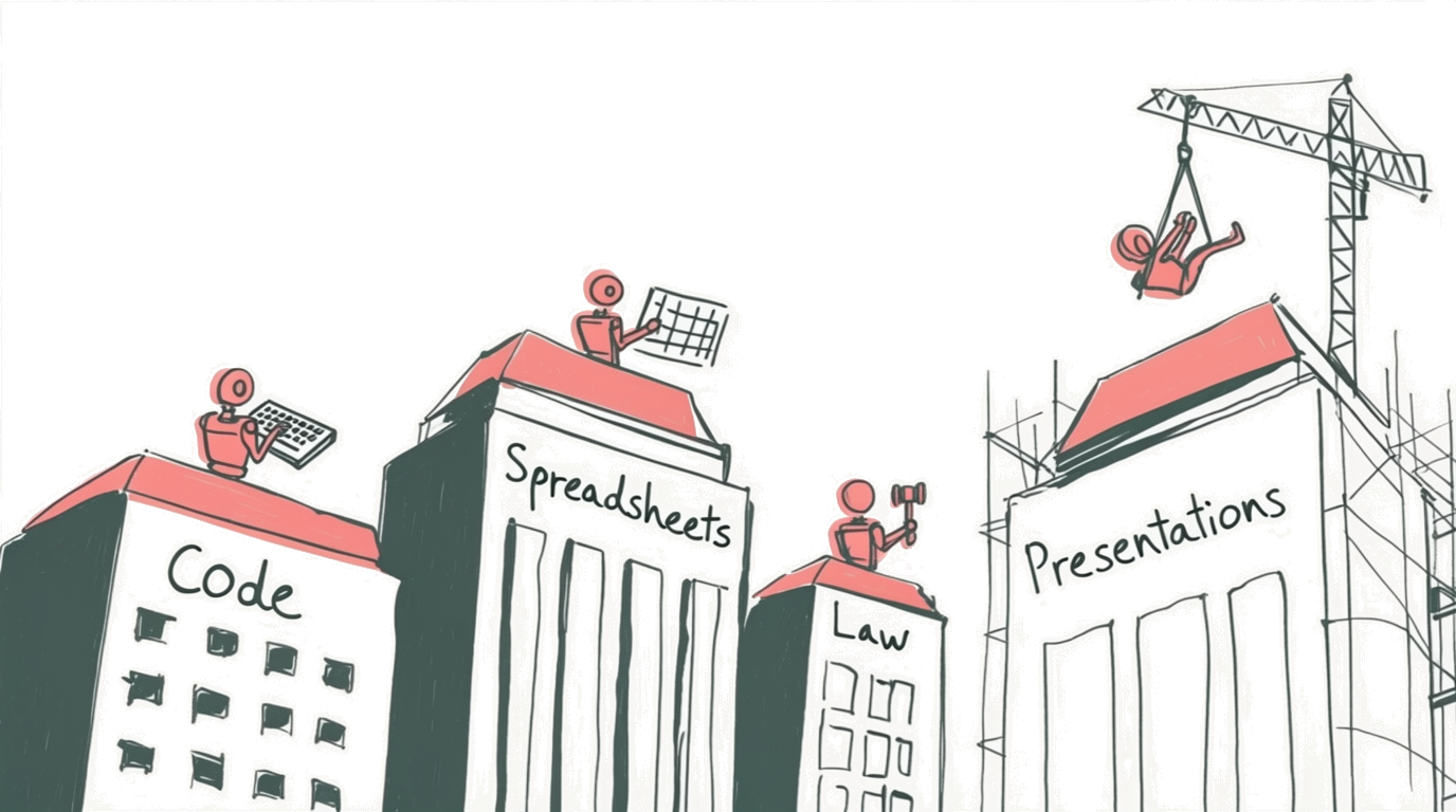 Illustrated skyline of four towers labeled Code, Spreadsheets, Law, and Presentations. Robot agents already work atop the first three; a crane is still lifting an agent onto the Presentations tower.